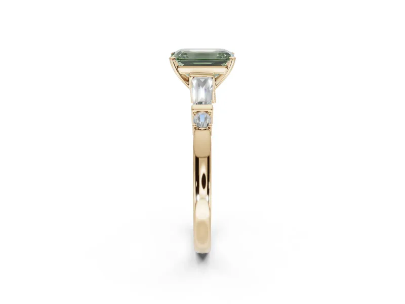 Emerald Cut Tapered Baguette Engagement Ring Setting for a Fancy Green Lab-Grown Diamond | Bar Set Sides | Yellow Gold