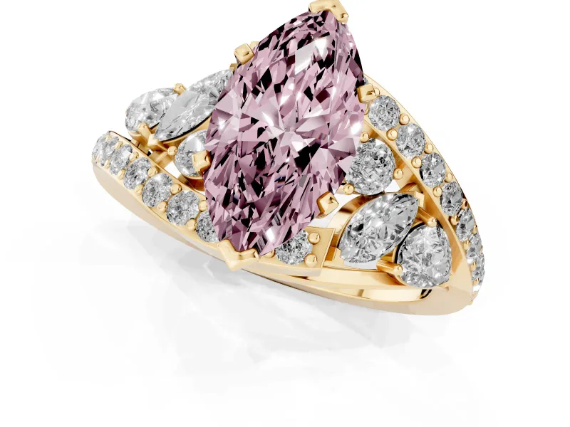 Fancy Pink Marquise Cut Diamond Halo Ring Set in Yellow gold with Marquise and Pavé Band in Prong Setting
