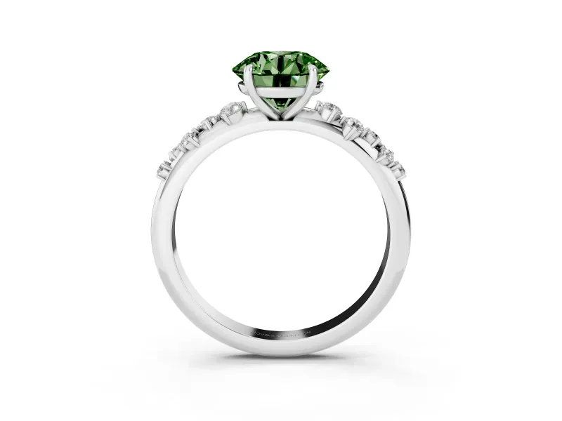 Fancy Green Round Cut Diamond Cluster Solitaire Ring Set in White gold with Prong Setting