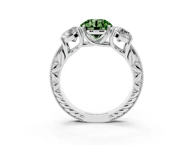 Round Vintage Three Stone Engagement Ring Setting for a Fancy Green Lab-Grown Diamond | Platinum