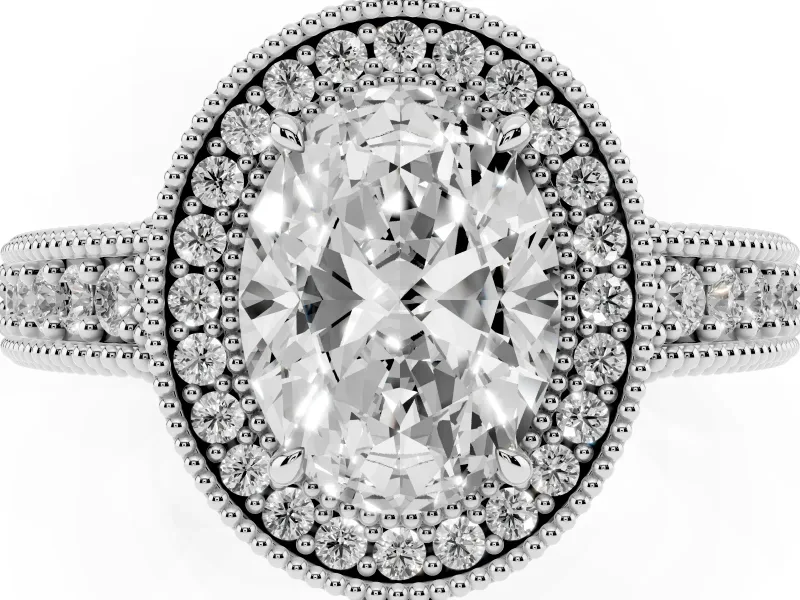 Oval Cut Diamond Halo Ring Set in Platinum with Round Accent Halo, Pavé Band and Prong Setting