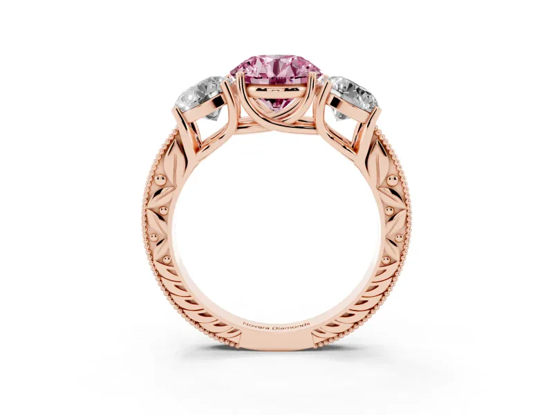 Round Vintage Three Stone Engagement Ring Setting for a Fancy Pink Lab-Grown Diamond | Rose Gold