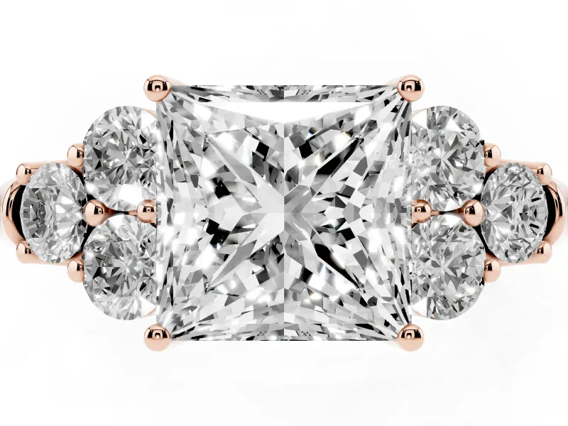 Princess Cut Side Stone Engagement Ring Setting | Triangle Side Clusters | Rose Gold