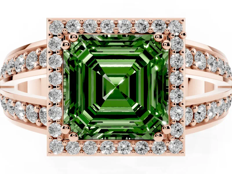 Asscher Cut Halo Engagement Ring Setting for a Fancy Green Lab-Grown Diamond | Two-Row Pave Split Shank | Rose Gold