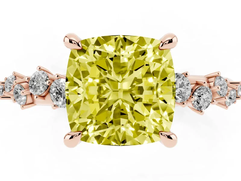 Fancy Yellow Cushion Cut Diamond Solitaire Vine Band Ring Set in Rose gold with Round Accents and Prong Setting