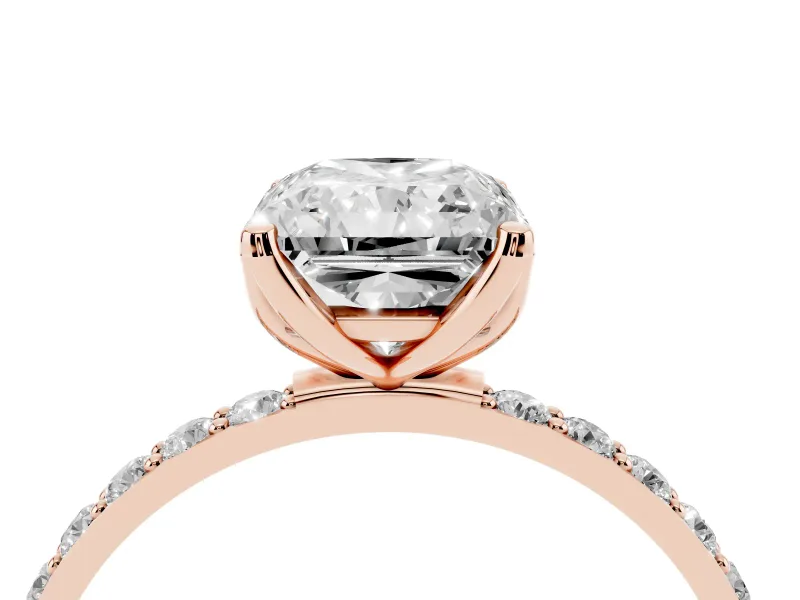 Radiant Cut Pave Solitaire Engagement Ring Setting | Fine Line Pave Band | Rose Gold