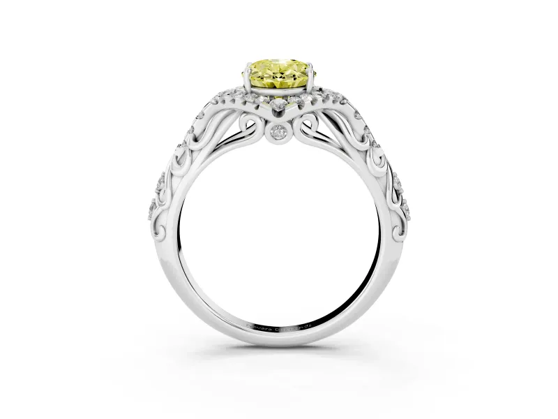 Oval Hidden Halo Filigree Engagement Ring Setting for a Fancy Yellow Lab-Grown Diamond | White Gold