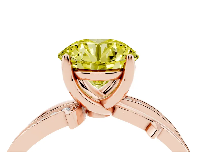 Fancy Yellow Round Cut Diamond Pavé Twist Band Solitaire Ring Set in Rose gold with Prong Setting
