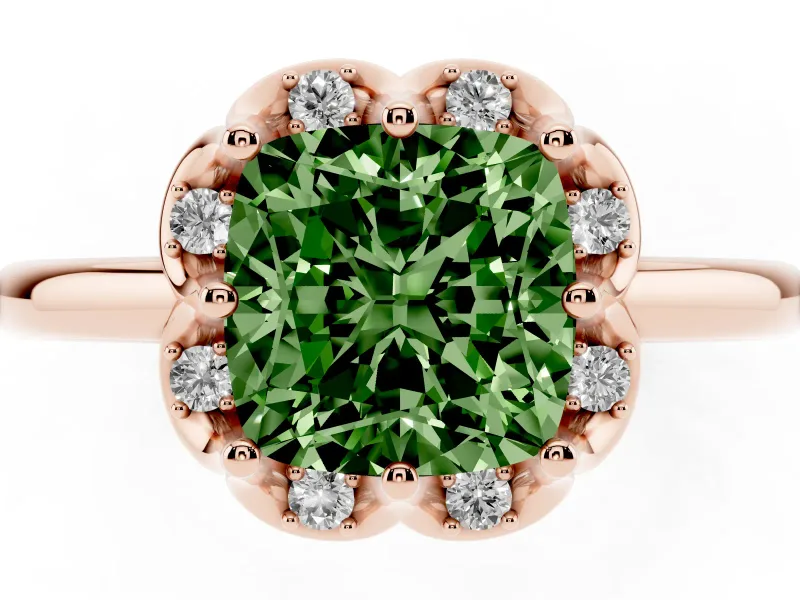 Cushion Cut Petal Halo Engagement Ring Setting for a Fancy Green Lab-Grown Diamond | Rose Gold