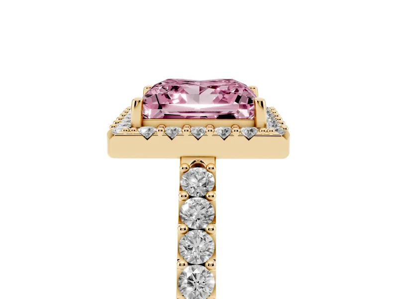 Princess Cut Halo Engagement Ring Setting for a Fancy Pink Lab-Grown Diamond | Single Row Pavé Band | Yellow Gold