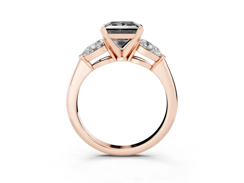 Princess Cut Three-Stone Engagement Ring Setting for a Black Center | Pear Side Stones | Rose Gold
