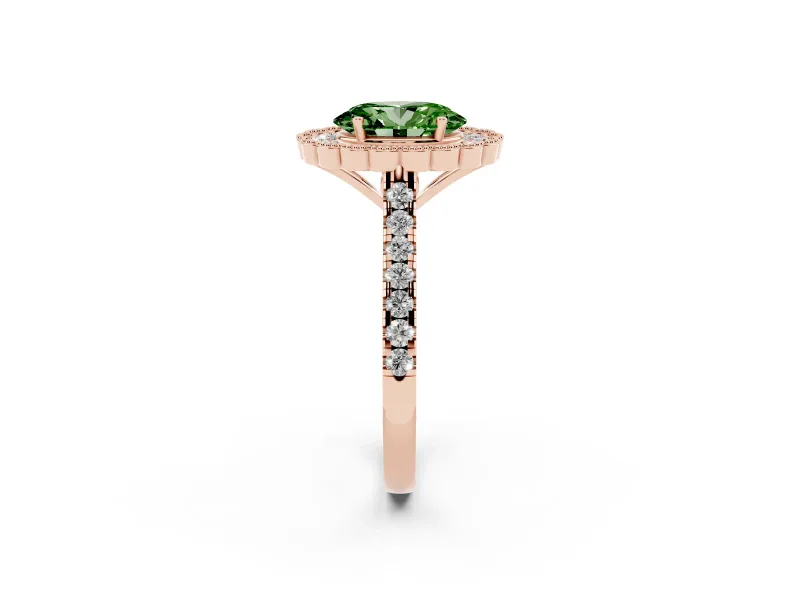 Fancy Green Oval Cut Diamond Milgrain Floral Halo Engagement Ring Set in Rose gold with Pavé Band