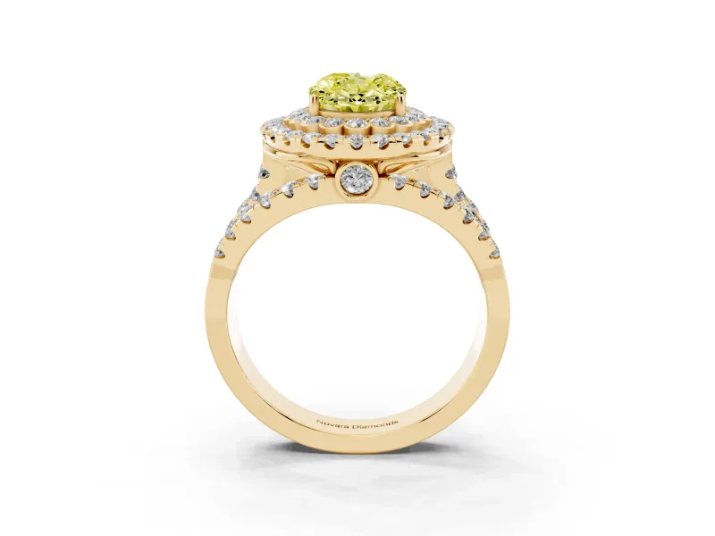 Oval Double Halo Split Shank Engagement Ring Setting for a Fancy Yellow Lab-Grown Diamond | Pave Strands | Yellow Gold