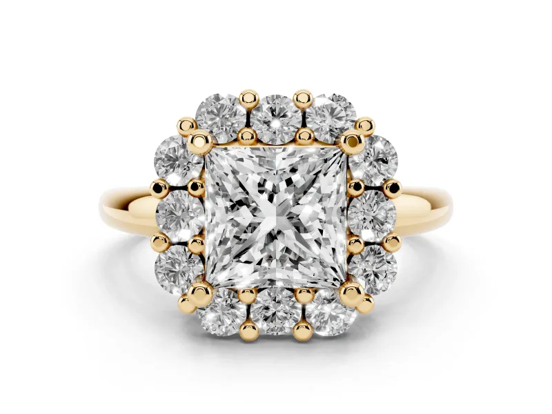 Princess Cut Diamond Halo Cluster Engagement Ring Set in Yellow gold with Polished Band and Prong Setting