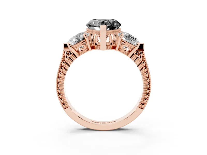 Heart-Shaped Vintage Three Stone Engagement Ring Setting for a Black Center | Milgrain Band | Rose Gold