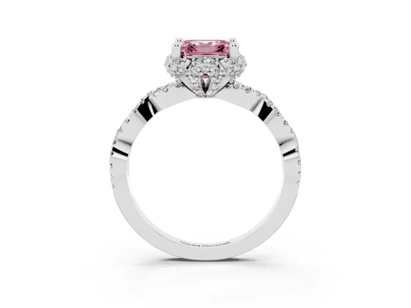 Fancy Pink Asscher Cut Diamond Halo Twist Band Solitaire Ring Set in Platinum with Prong-Set Center Stone