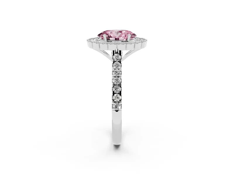 Fancy Pink Oval Cut Diamond Milgrain Floral Halo Engagement Ring Set in White gold with Pavé Band
