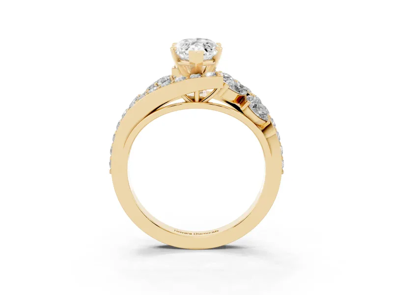 Marquise Cut Diamond Halo Ring Set in Yellow gold with Marquise and Pavé Band in Prong Setting