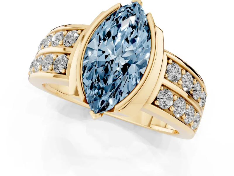 Marquise Half Bezel Engagement Ring Setting for a Fancy Blue Lab-Grown Diamond | Double Row Channel Band | Yellow Gold