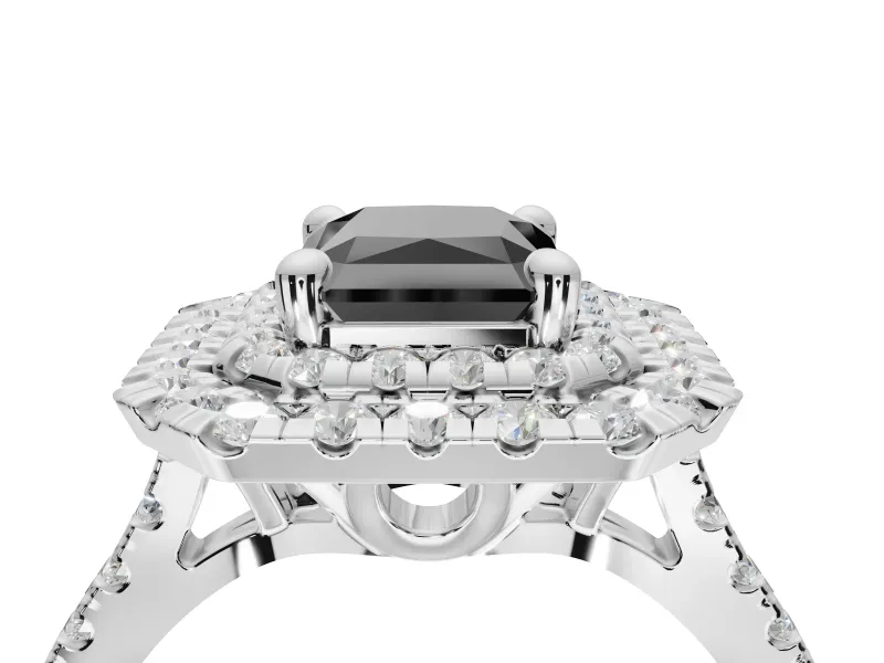 Radiant Cut Double Halo Engagement Ring Setting for a Black Center | Pavé Shoulders | White Gold
