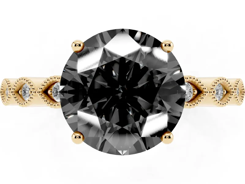 Fancy Black Round Cut Diamond Solitaire Ring Set in Yellow gold with Infinity Twist Pavé Band