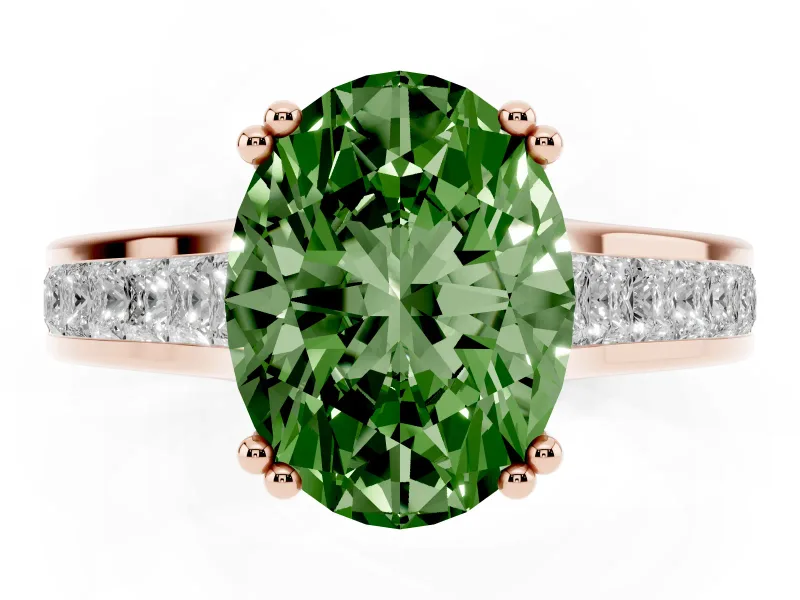 Oval Cathedral Channel Set Engagement Ring Setting for a Fancy Green Lab-Grown Diamond | Double Claw Prongs | Rose Gold