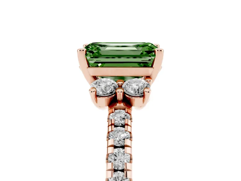 Emerald Cut Side Stone Engagement Ring Setting for a Fancy Green Lab-Grown Diamond | Pave Band | Rose Gold