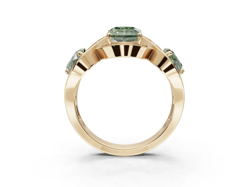 Radiant Cut Three Stone Halo Engagement Ring Setting for a Fancy Green Lab-Grown Diamond | Pavé Wave Band | Yellow Gold