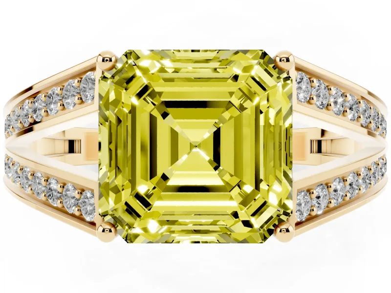 Asscher Cut Split Shank Pavé Engagement Ring Setting for a Fancy Yellow Lab-Grown Diamond | Yellow Gold
