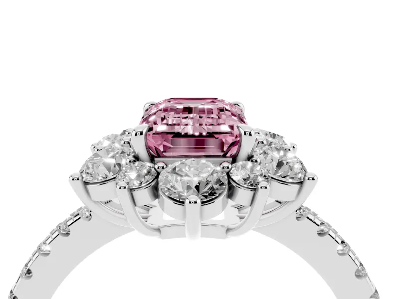 Fancy Pink Emerald Cut Diamond Floral Halo Ring Set in Platinum with Round Pavé Band and Prong Setting
