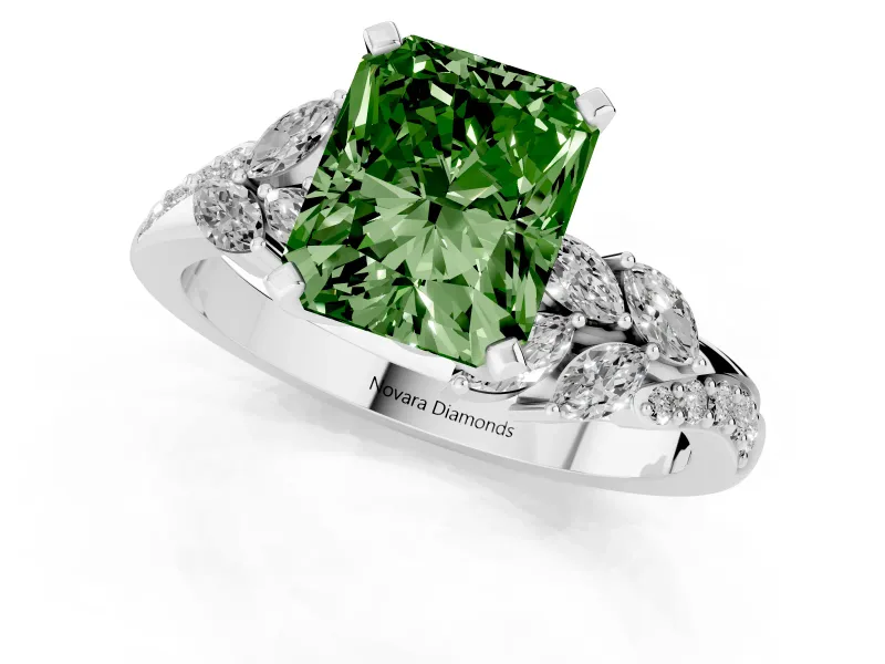 Fancy Green Radiant Cut Diamond Solitaire Ring Set in Platinum with Marquise Twist Band and Prong Setting