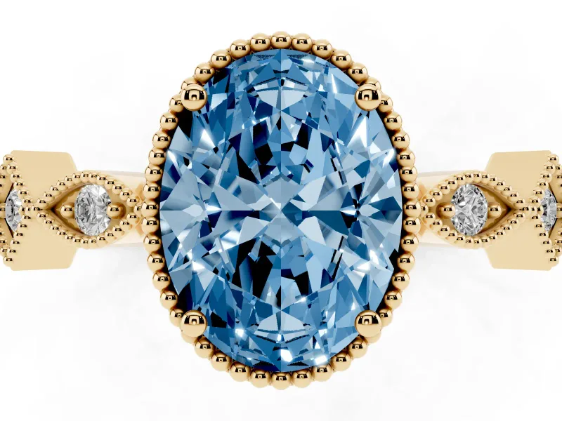 Fancy Blue Oval Cut Diamond Milgrain Marquise Twist Band Ring Set in Yellow gold with Prong Setting