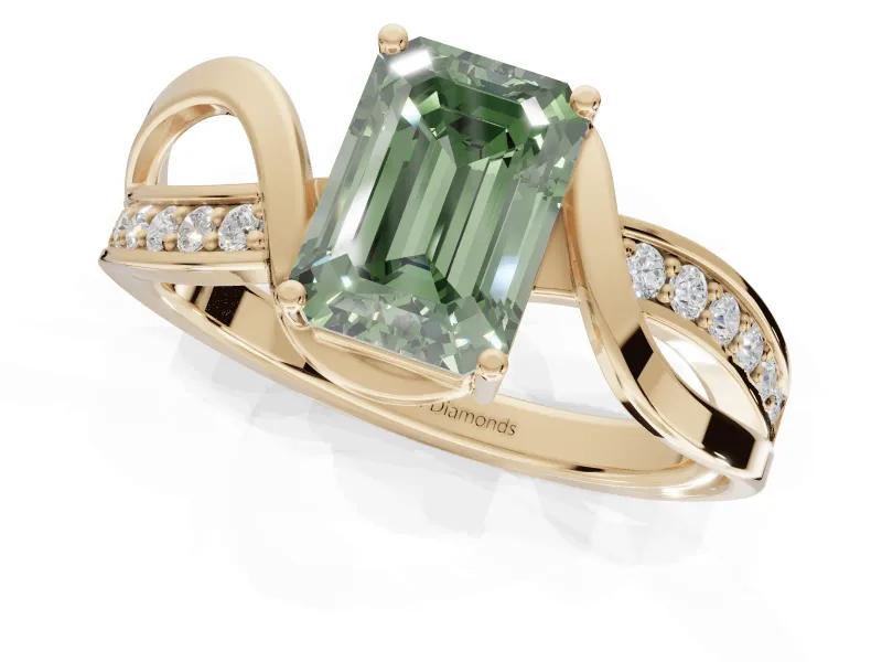 Emerald Cut Bypass Solitaire Engagement Ring Setting for a Fancy Green Lab-Grown Diamond | Pavé Strands | Yellow Gold