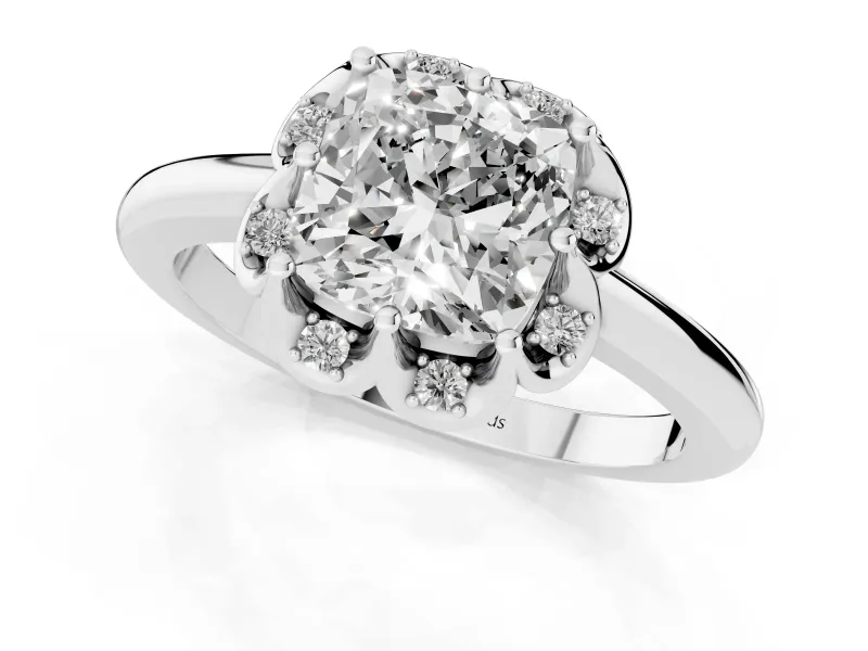 Cushion Cut Scalloped Petal Halo Engagement Ring Setting | Plain Band | Platinum