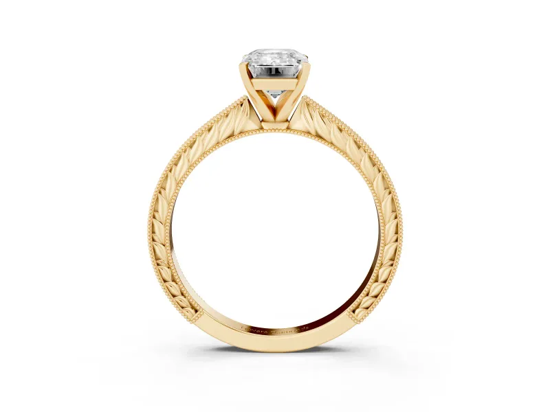 Emerald Cut Diamond Solitaire Milgrain Engraved Band Set in Yellow gold with Prong Setting