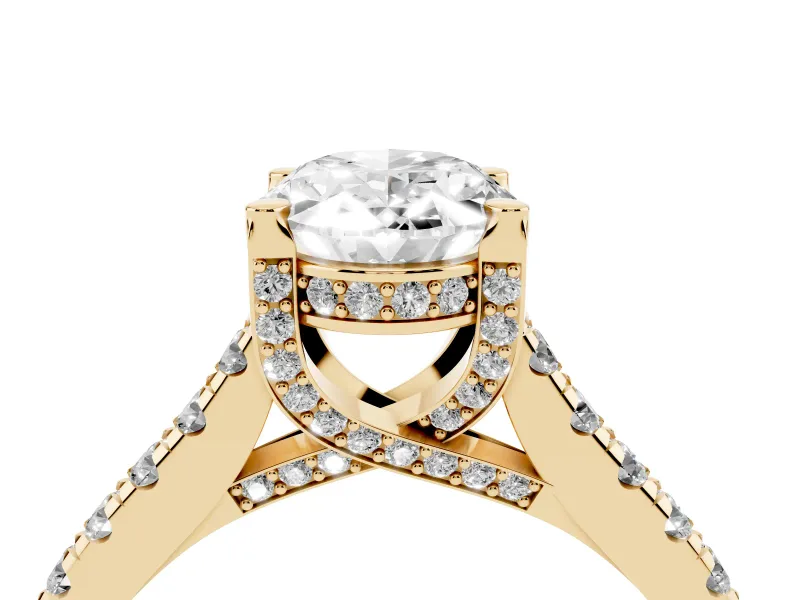 Oval Hidden Halo Pave Engagement Ring Setting | Claw Prongs | Yellow Gold