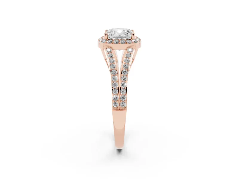 Cushion Cut Halo Engagement Ring Setting | V-Split Pavé Band | Rose Gold