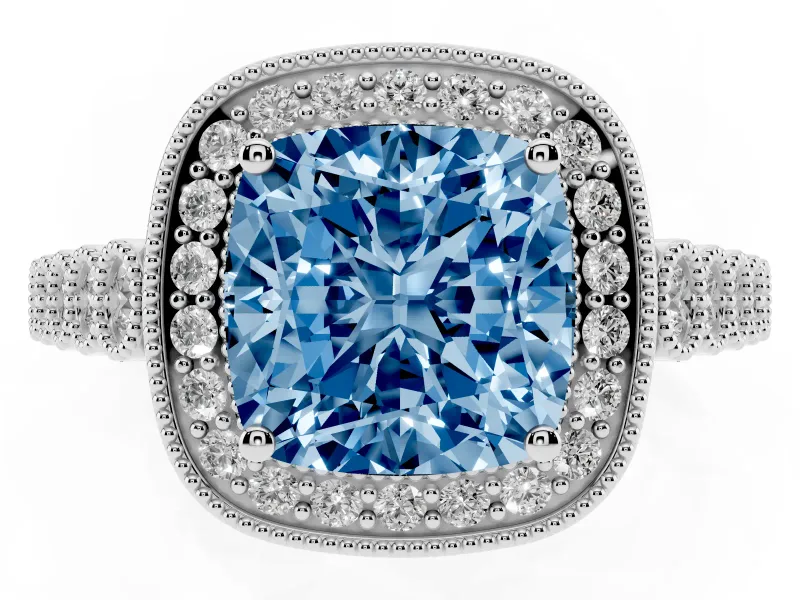 Cushion Cut Graduated Milgrain Halo Engagement Ring Setting for a Fancy Blue Lab-Grown Diamond | White Gold