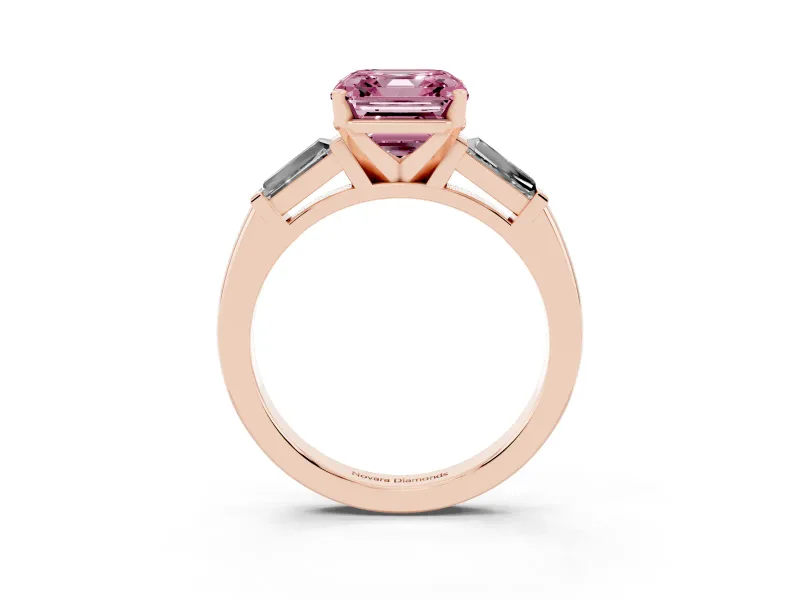 Asscher Cut Three Stone Engagement Ring Setting for a Fancy Pink Lab-Grown Diamond | Tapered Baguettes | Rose Gold