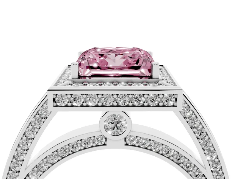 Fancy Pink Princess Cut Diamond Halo Pavé Split Shank Ring Set in Silver with Prong Setting