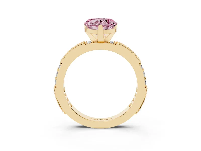 Fancy Pink Heart Cut Diamond Solitaire Ring Set in Yellow gold with Slim Pavé Band and Prong Setting
