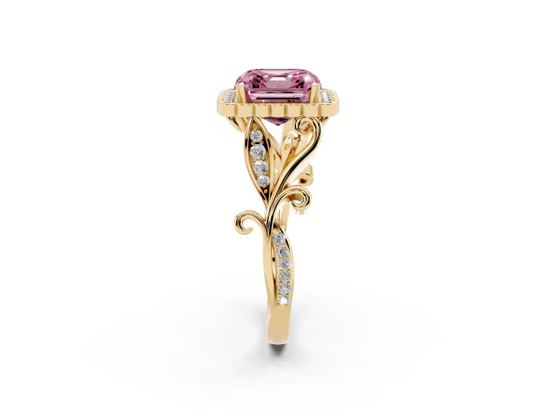 Asscher Cut Leaf Halo Engagement Ring Setting for a Fancy Pink Lab-Grown Diamond | Yellow Gold