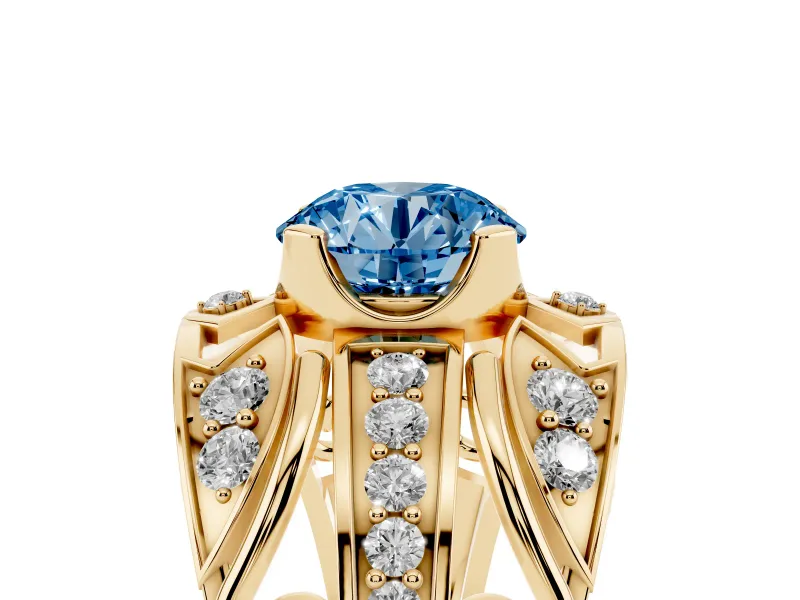Round Art Deco Graduated Engagement Ring Setting for a Fancy Blue Lab-Grown Diamond | Yellow Gold