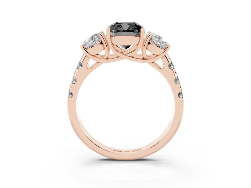Cushion Cut Three Stone Engagement Ring Setting for a Black Center | Accented Shoulders | Rose Gold