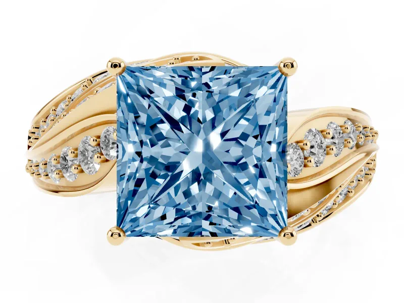 Princess Cut Bypass Pavé Engagement Ring Setting for a Fancy Blue Lab-Grown Diamond | Graduated Pavé | Yellow Gold