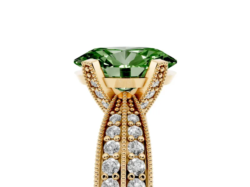 Fancy Green Oval Cut Diamond Solitaire Ring Set in Yellow gold with Milgrain Double Row Round Pavé Band