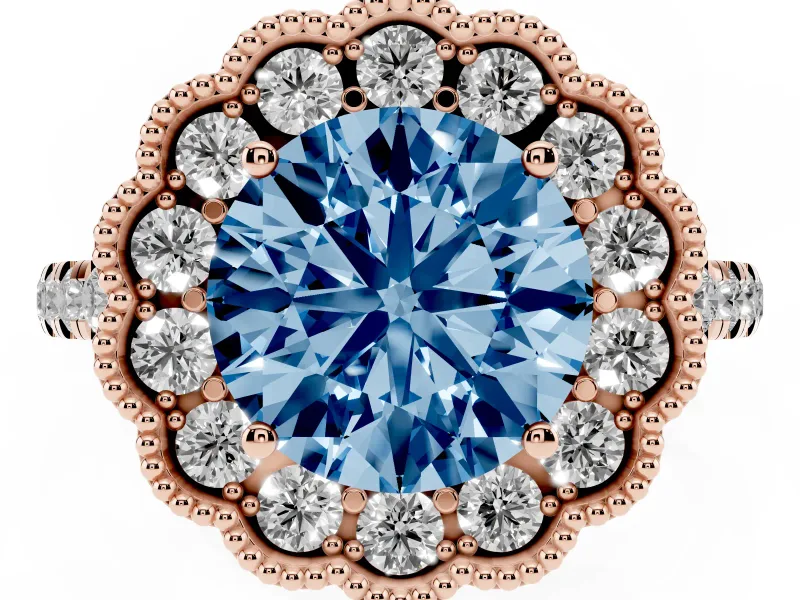 Fancy Blue Round Cut Diamond Milgrain Floral Halo Engagement Ring Set in Rose gold with Pavé Band