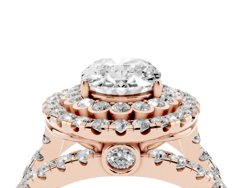 Oval Double Halo Split Shank Engagement Ring Setting | Pave Strands | Rose Gold