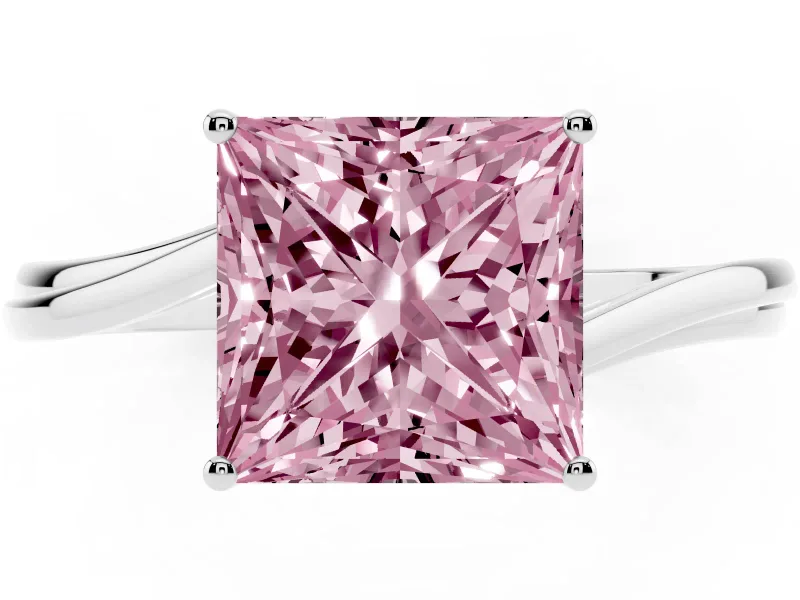 Fancy Pink Princess Cut Diamond Solitaire Twist Band Ring Set in Silver with Prong Setting