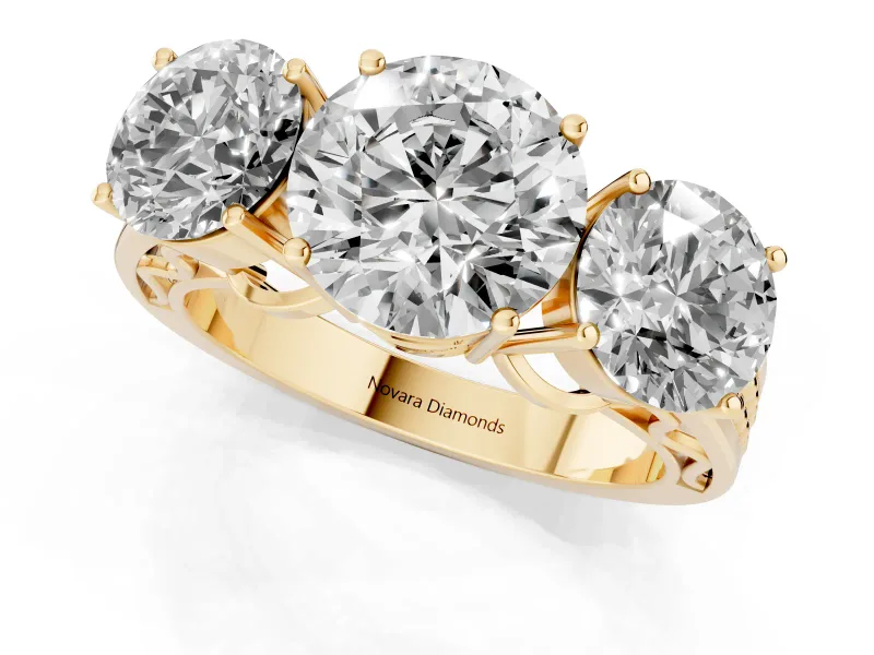 Round Three Stone Engagement Ring Setting | Beaded Shoulders | Yellow Gold